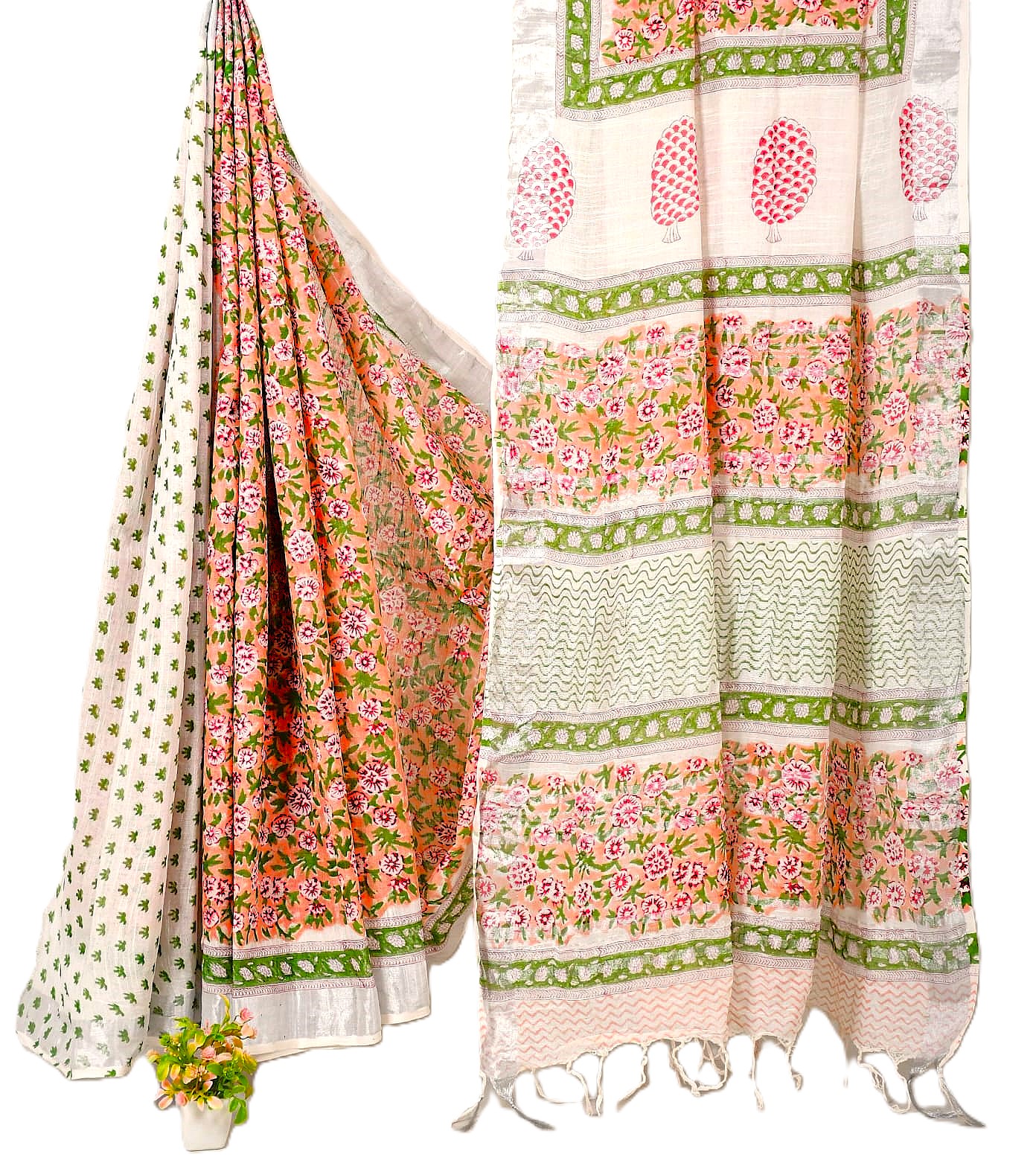 Matarangi Peach Floral Handblock Printed Linen Cotton Saree