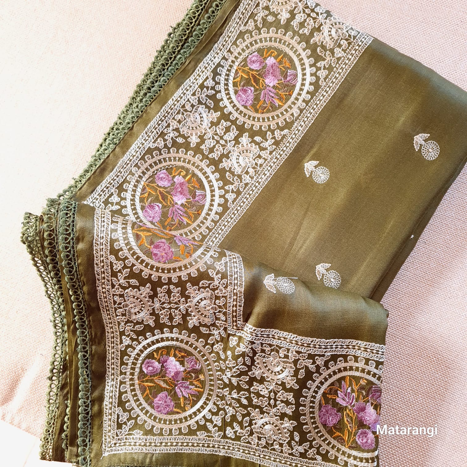 Green Embroidered Pure Satin Tussar Silk Saree Green Embroidered Pure Satin Tussar Silk Saree