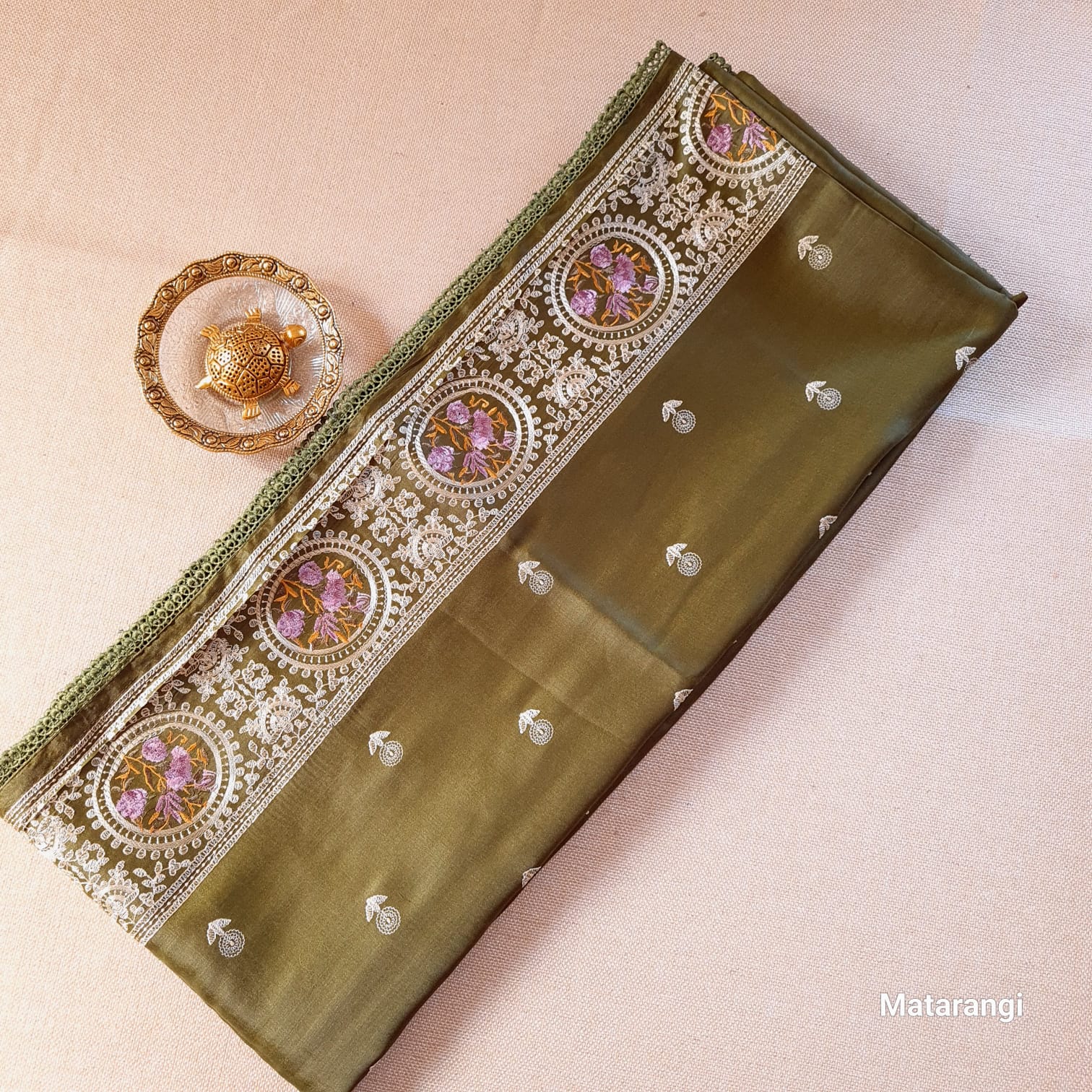 Green Embroidered Pure Satin Tussar Silk Saree Green Embroidered Pure Satin Tussar Silk Saree
