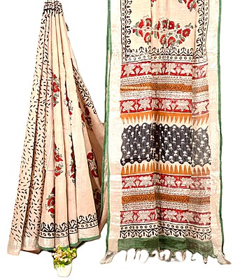 Matarangi Light Peach Floral Handblock Printed Linen Cotton Saree