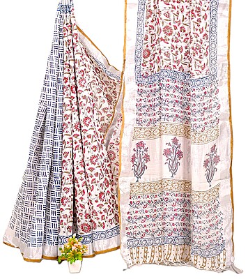 Matarangi Maroon & White Floral Handblock Printed Linen Cotton Saree