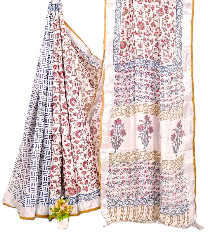 Matarangi Maroon & White Floral Handblock Printed Linen Cotton Saree Matarangi Maroon & White Floral Handblock Printed Linen Cotton Saree