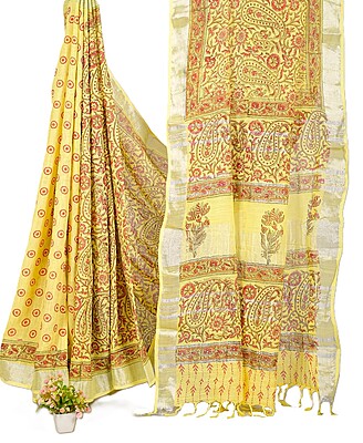 Matarangi Yellow Floral Handblock Printed Linen Cotton Saree