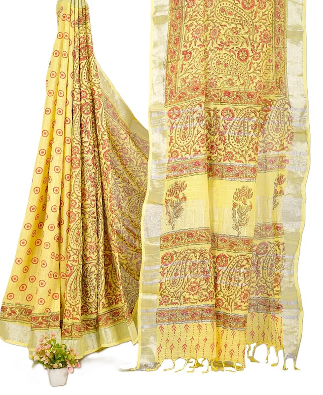 Matarangi Yellow Floral Handblock Printed Linen Cotton Saree Matarangi Yellow Floral Handblock Printed Linen Cotton Saree