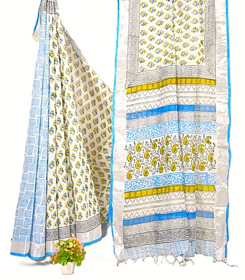 Matarangi White and Blue Floral Handblock Printed Linen Cotton Saree