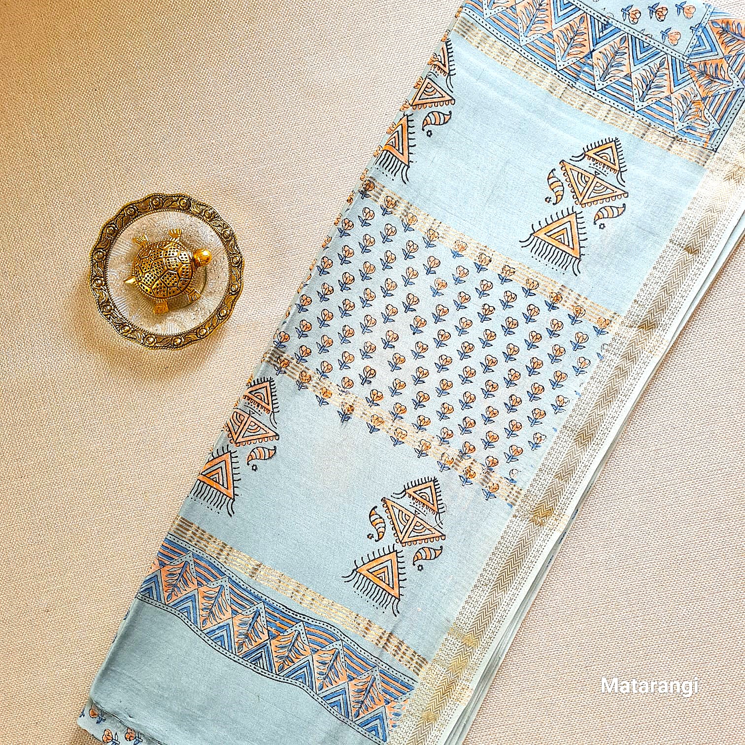 Premium Slate Grey Hand Block Printed Maheshwari Silk Saree