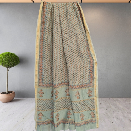 Premium Slate Grey Hand Block Printed Maheshwari Silk Saree