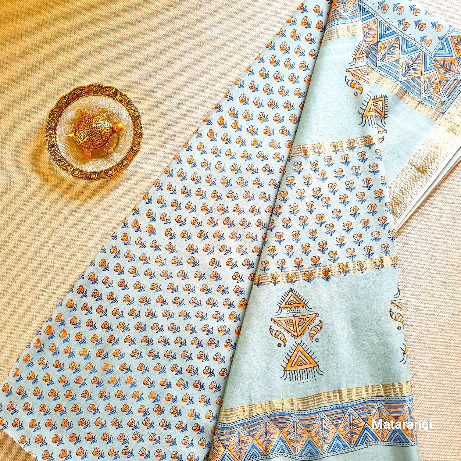 Premium Slate Grey Hand Block Printed Maheshwari Silk Saree