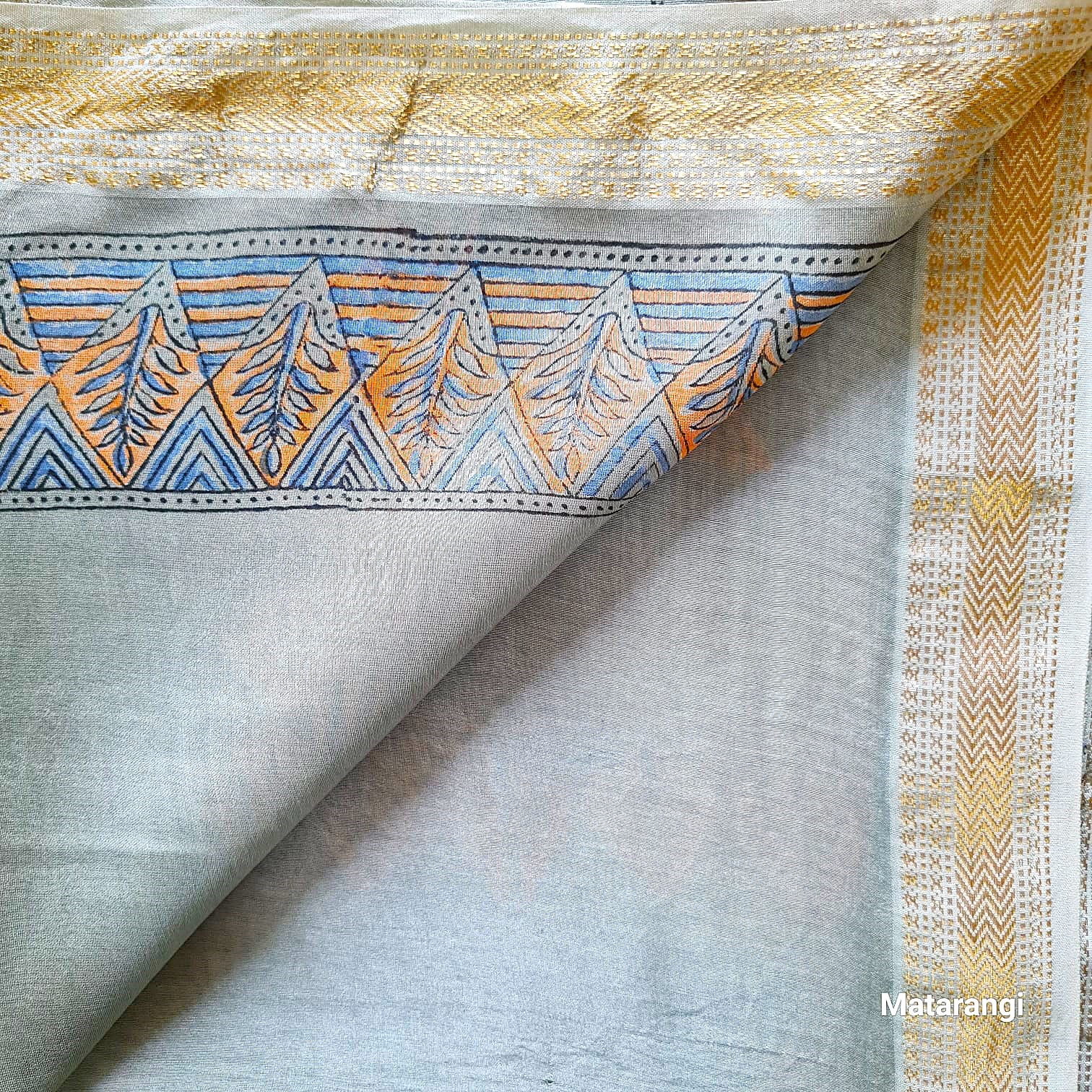 Premium Slate Grey Hand Block Printed Maheshwari Silk Saree