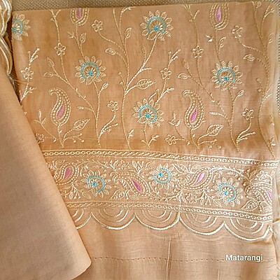Matarangi Light Brown Embroidered Mul Chanderi Salwar Material Matarangi Light Brown Embroidered Mul Chanderi Salwar Material