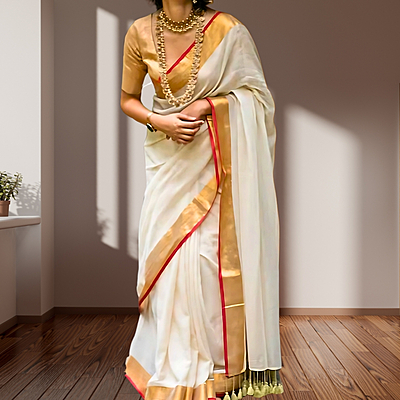 Matarangi Cream & Red Mul Cotton Kerala Saree