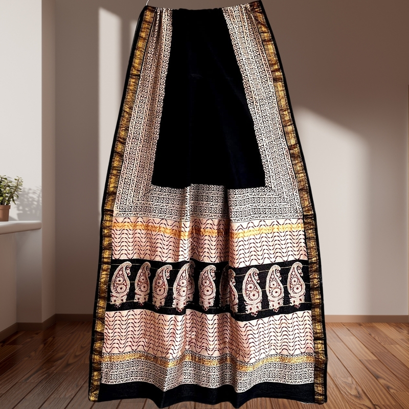 Matarangi Black & Cream Broad Border Maheshwari Silk Saree Matarangi Black & Cream Broad Border Maheshwari Silk Saree