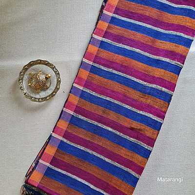 Matarangi Magenta & Blue Striped Pure Organic Handloom Linen Saree Matarangi Magenta & Blue Striped Pure Organic Handloom Linen Saree