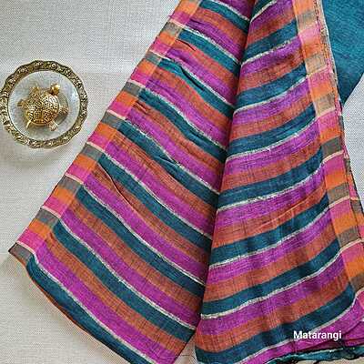 Matarangi Maroon & Green Striped Pure Organic Handloom Linen Saree Matarangi Maroon & Green Striped Pure Organic Handloom Linen Saree