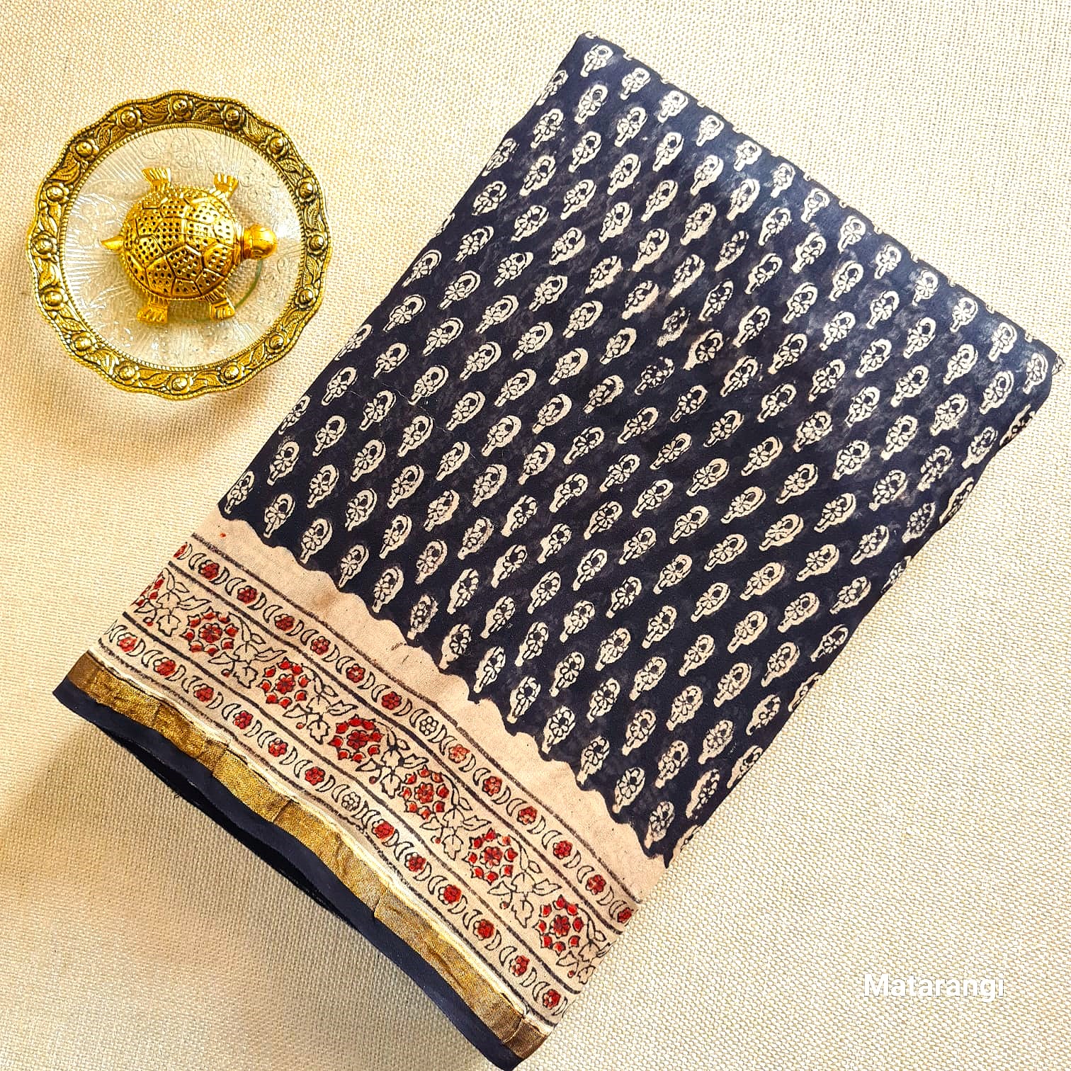 Black Floral Handblock Printed Organic Chanderi Silk Saree Black Floral Handblock Printed Organic Chanderi Silk Saree