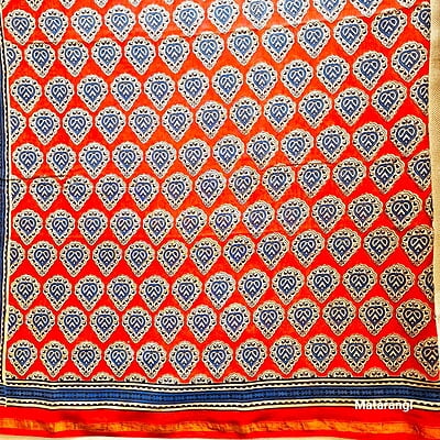 Red & Blue Handblock Printed  Organic Chanderi Silk Saree