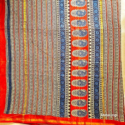 Red & Blue Handblock Printed  Organic Chanderi Silk Saree