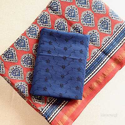 Red & Blue Handblock Printed  Organic Chanderi Silk Saree