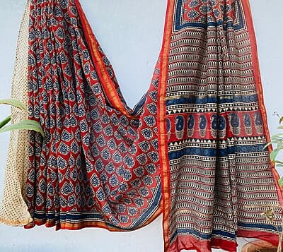 Red & Blue Handblock Printed  Organic Chanderi Silk Saree