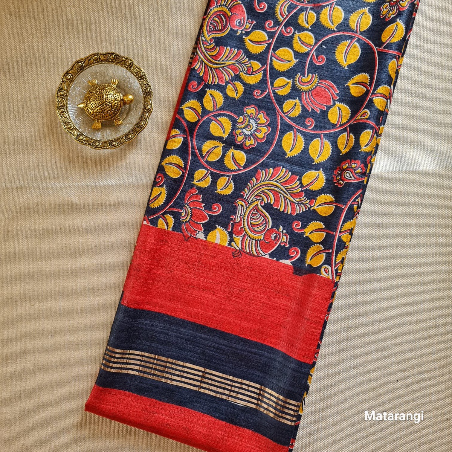 Black and Yellow Hand Block Printed Ghicha Tussar Silk Saree Black and Yellow Hand Block Printed Ghicha Tussar Silk Saree