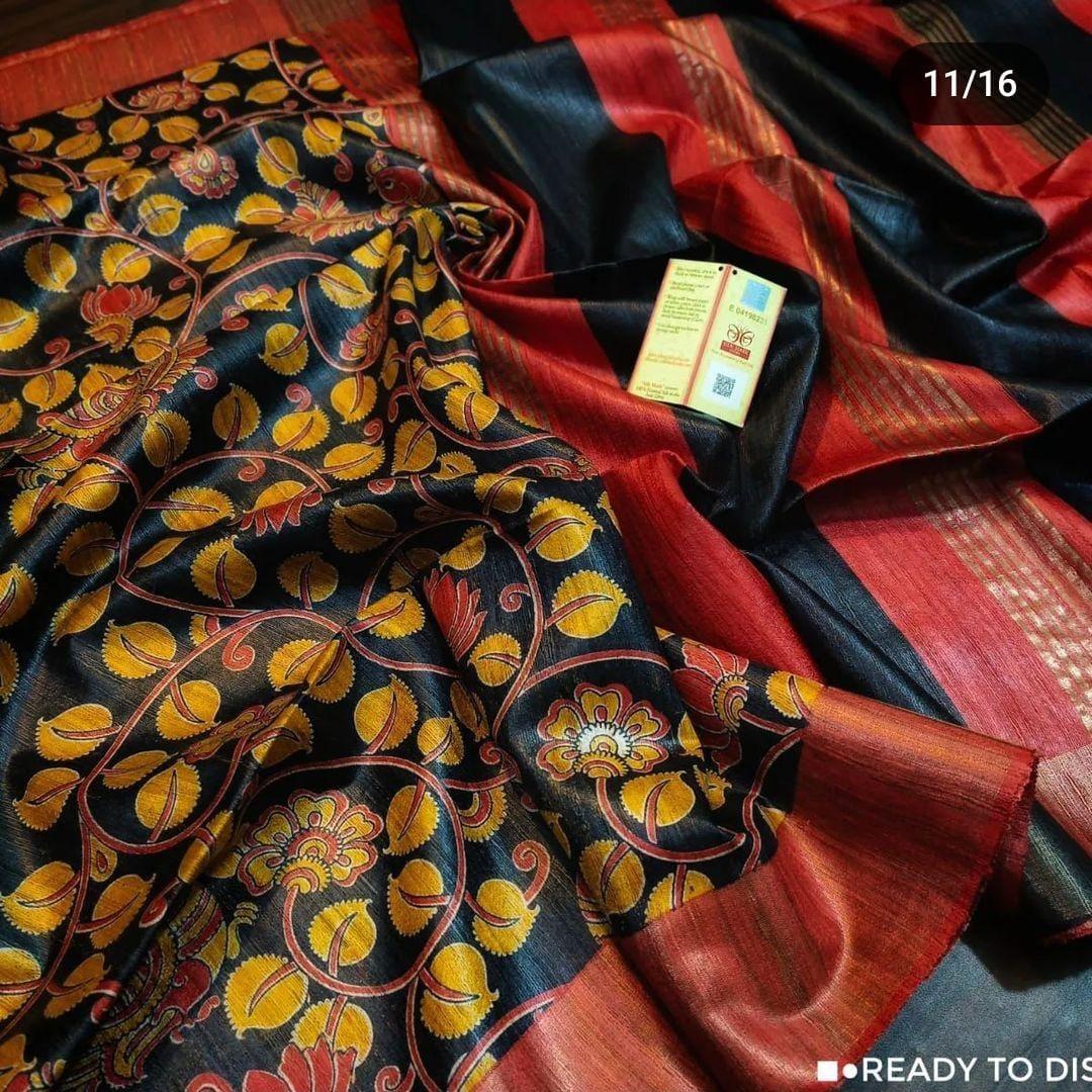 Black and Yellow Hand Block Printed Ghicha Tussar Silk Saree Black and Yellow Hand Block Printed Ghicha Tussar Silk Saree