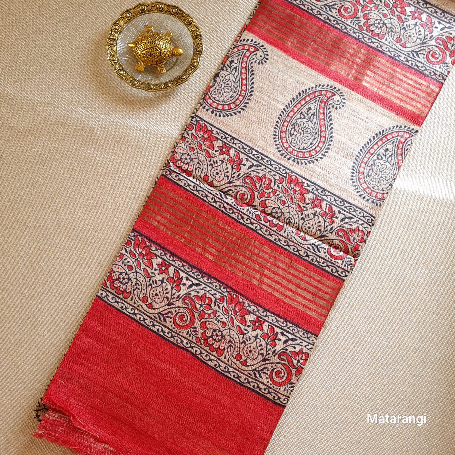 Beige and Maroon Hand Block Printed Ghicha Tussar Silk Saree Beige and Maroon Hand Block Printed Ghicha Tussar Silk Saree