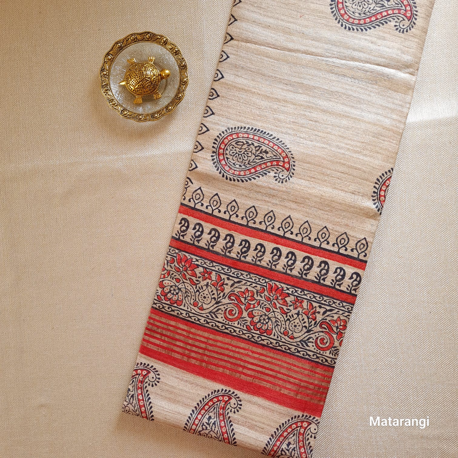 Beige and Maroon Hand Block Printed Ghicha Tussar Silk Saree Beige and Maroon Hand Block Printed Ghicha Tussar Silk Saree
