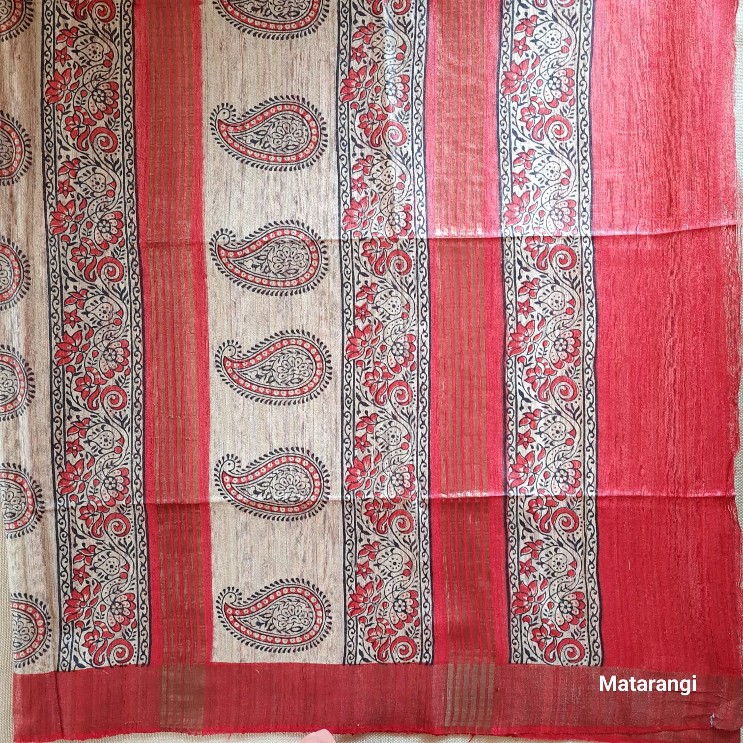 Beige and Maroon Hand Block Printed Ghicha Tussar Silk Saree Beige and Maroon Hand Block Printed Ghicha Tussar Silk Saree