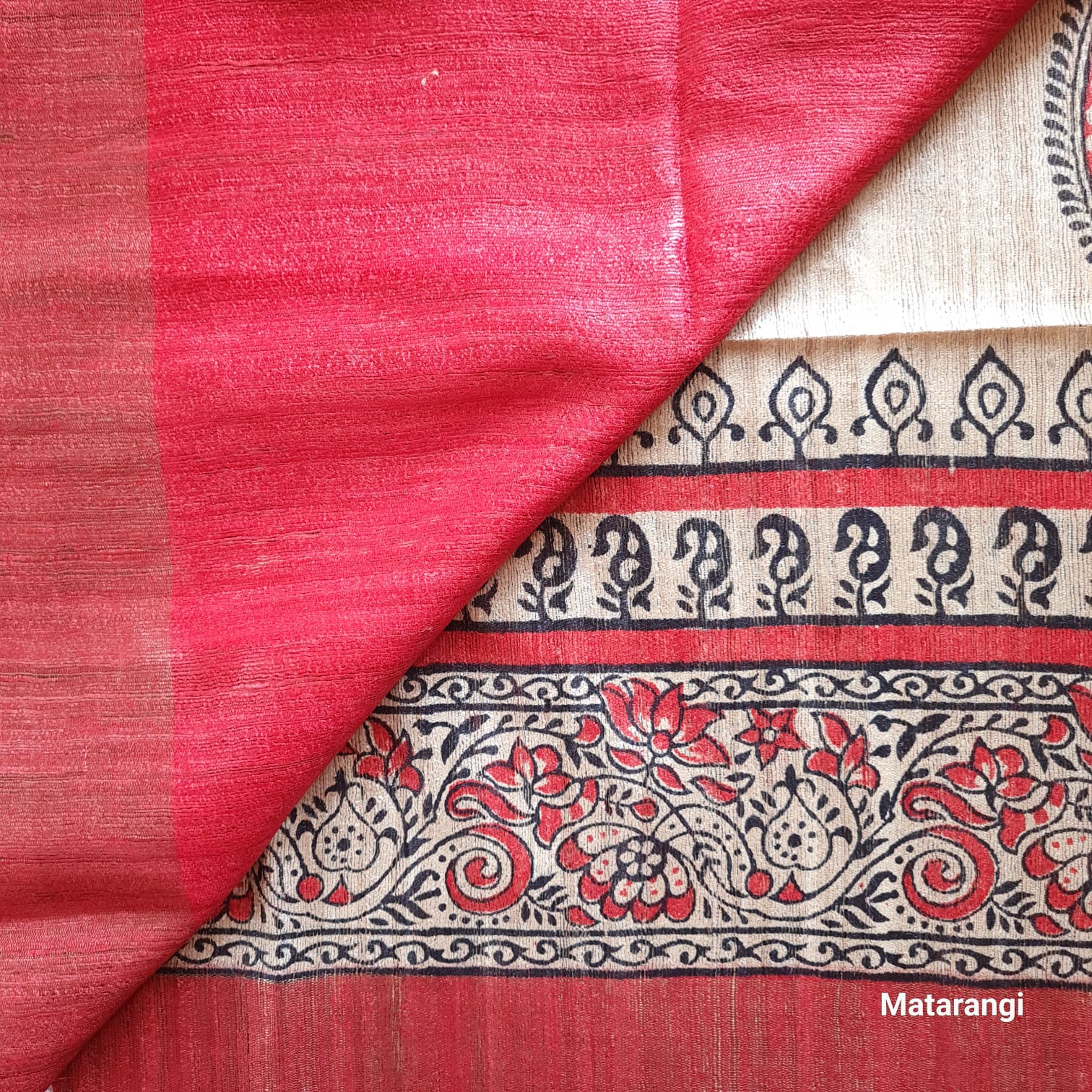 Beige and Maroon Hand Block Printed Ghicha Tussar Silk Saree Beige and Maroon Hand Block Printed Ghicha Tussar Silk Saree
