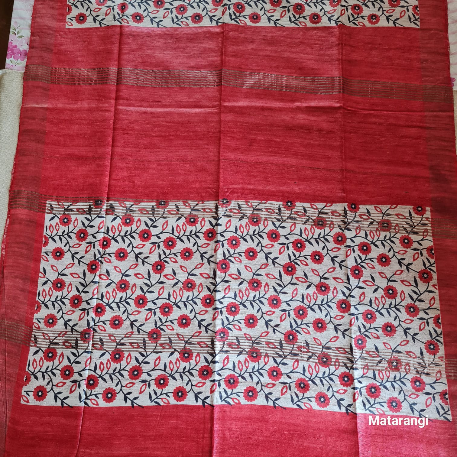 Cream and Red  Hand Block Printed Ghicha Tussar Silk Saree