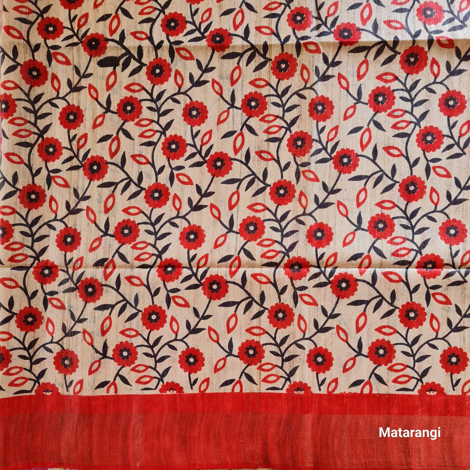 Cream and Red  Hand Block Printed Ghicha Tussar Silk Saree