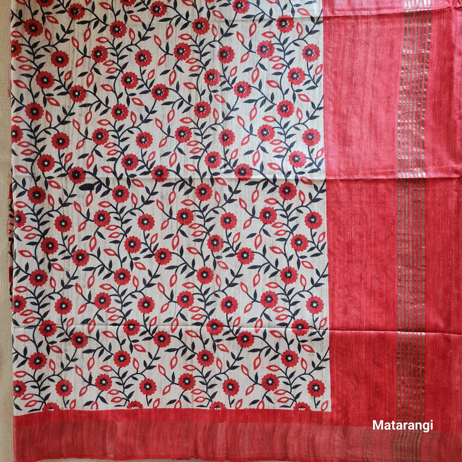 Cream and Red  Hand Block Printed Ghicha Tussar Silk Saree
