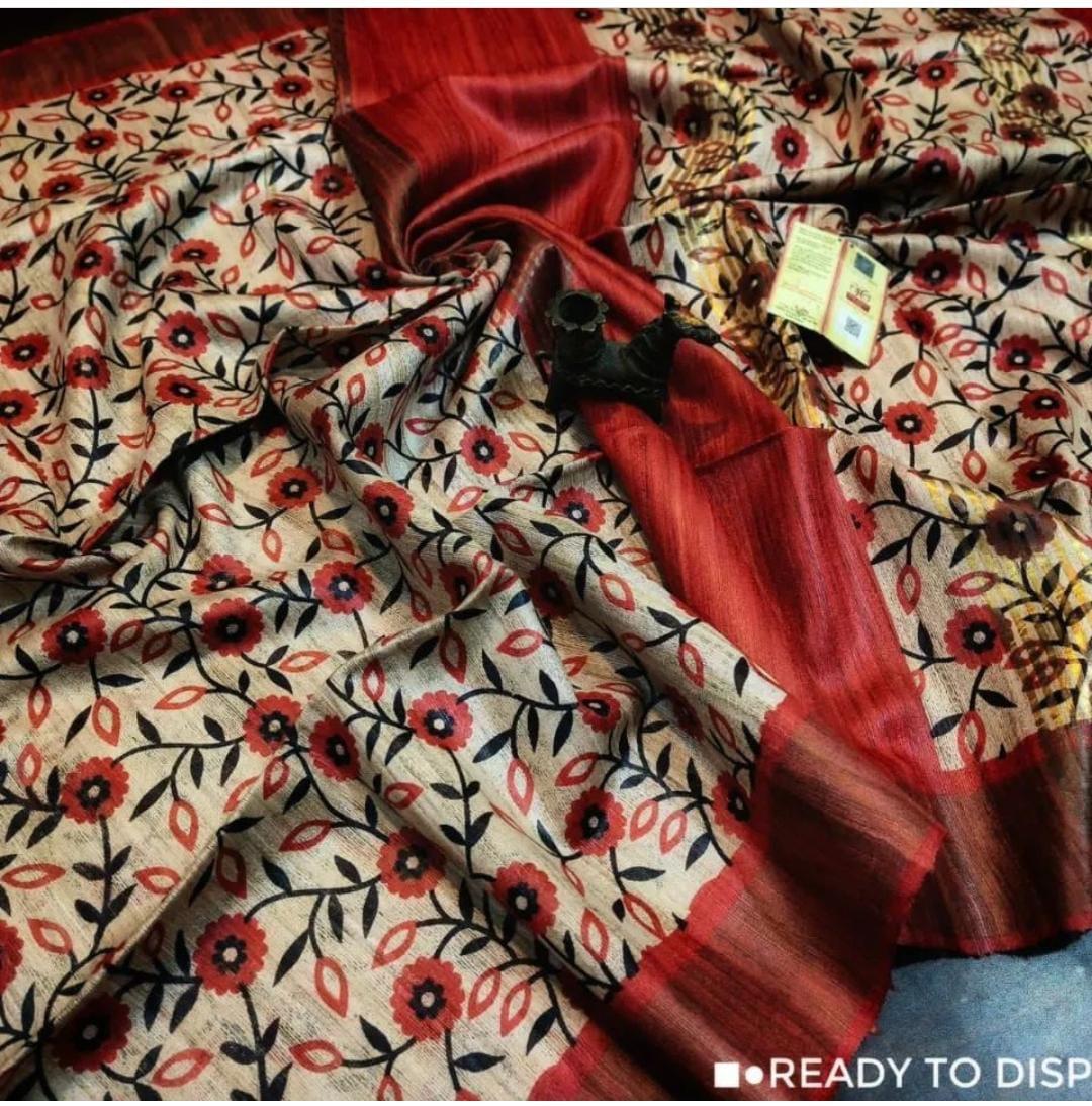 Cream and Red  Hand Block Printed Ghicha Tussar Silk Saree