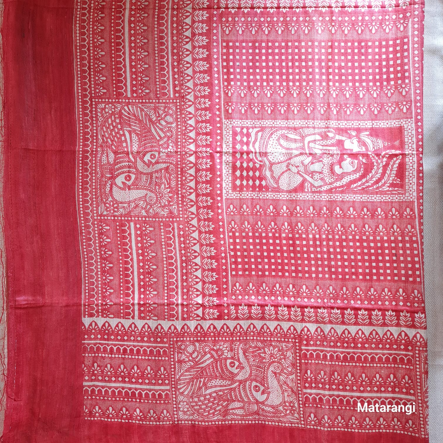 Cream and Red Madubhani Hand Block Printed Ghicha Tussar Silk Saree Cream and Red Madubhani Hand Block Printed Ghicha Tussar Silk Saree