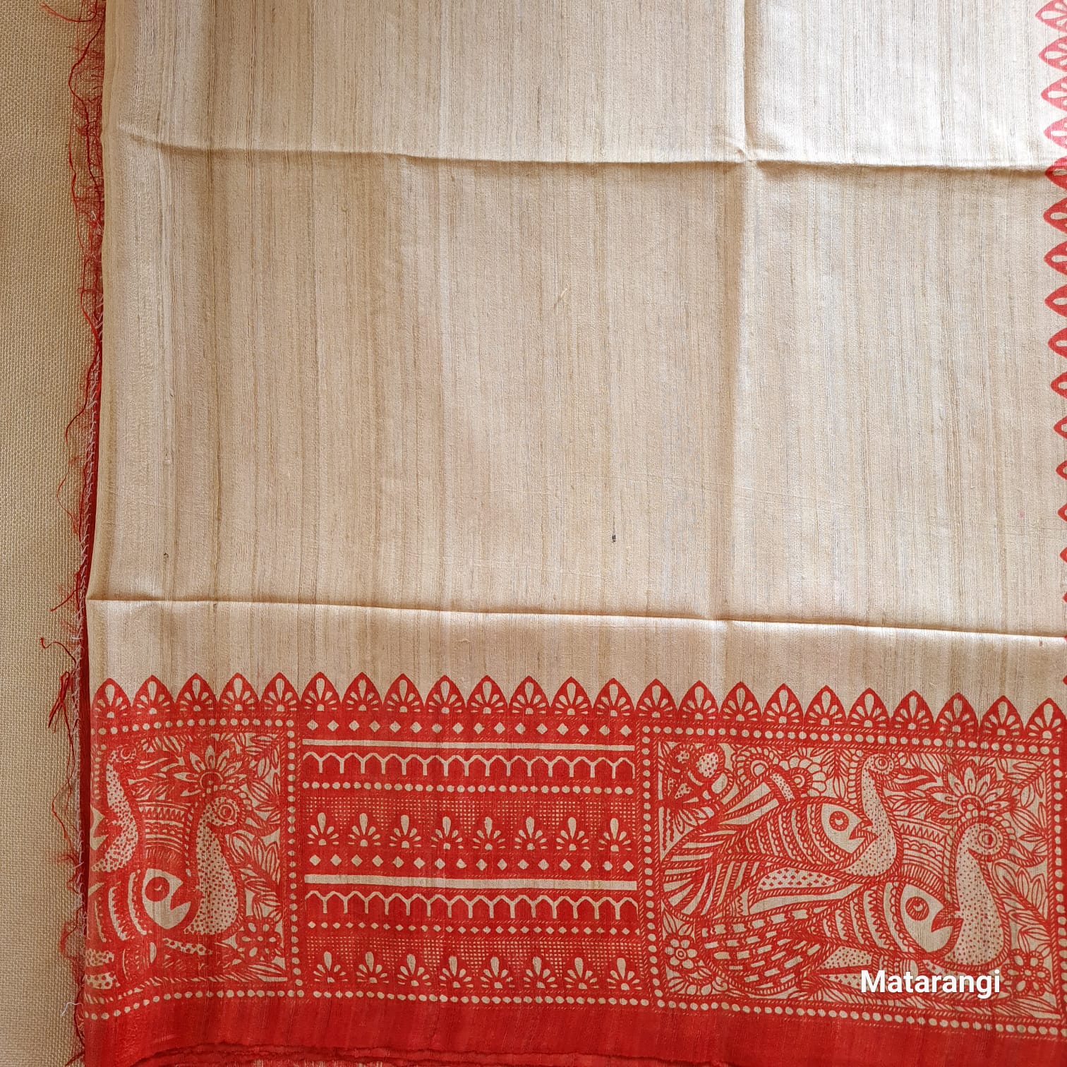 Cream and Red Madubhani Hand Block Printed Ghicha Tussar Silk Saree Cream and Red Madubhani Hand Block Printed Ghicha Tussar Silk Saree