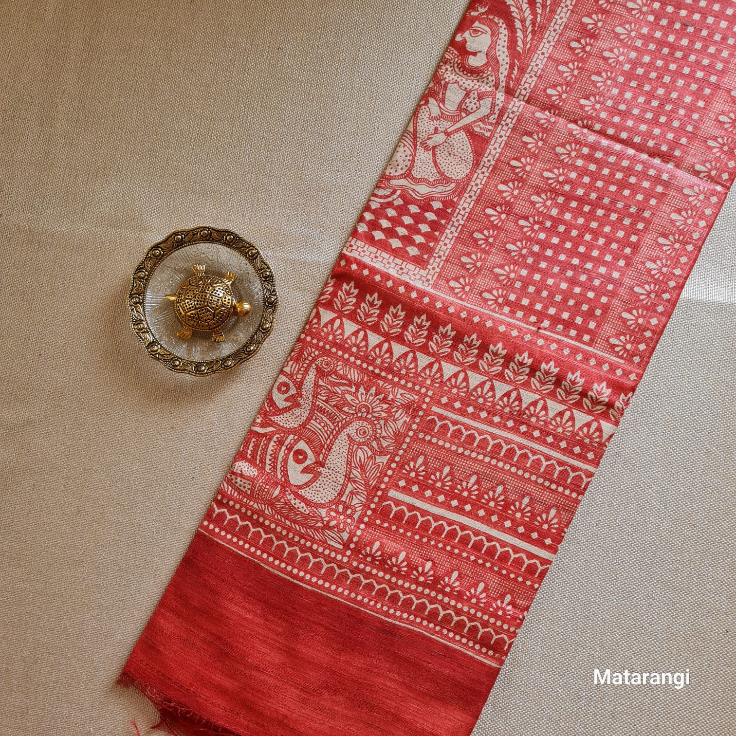 Cream and Red Madubhani Hand Block Printed Ghicha Tussar Silk Saree Cream and Red Madubhani Hand Block Printed Ghicha Tussar Silk Saree