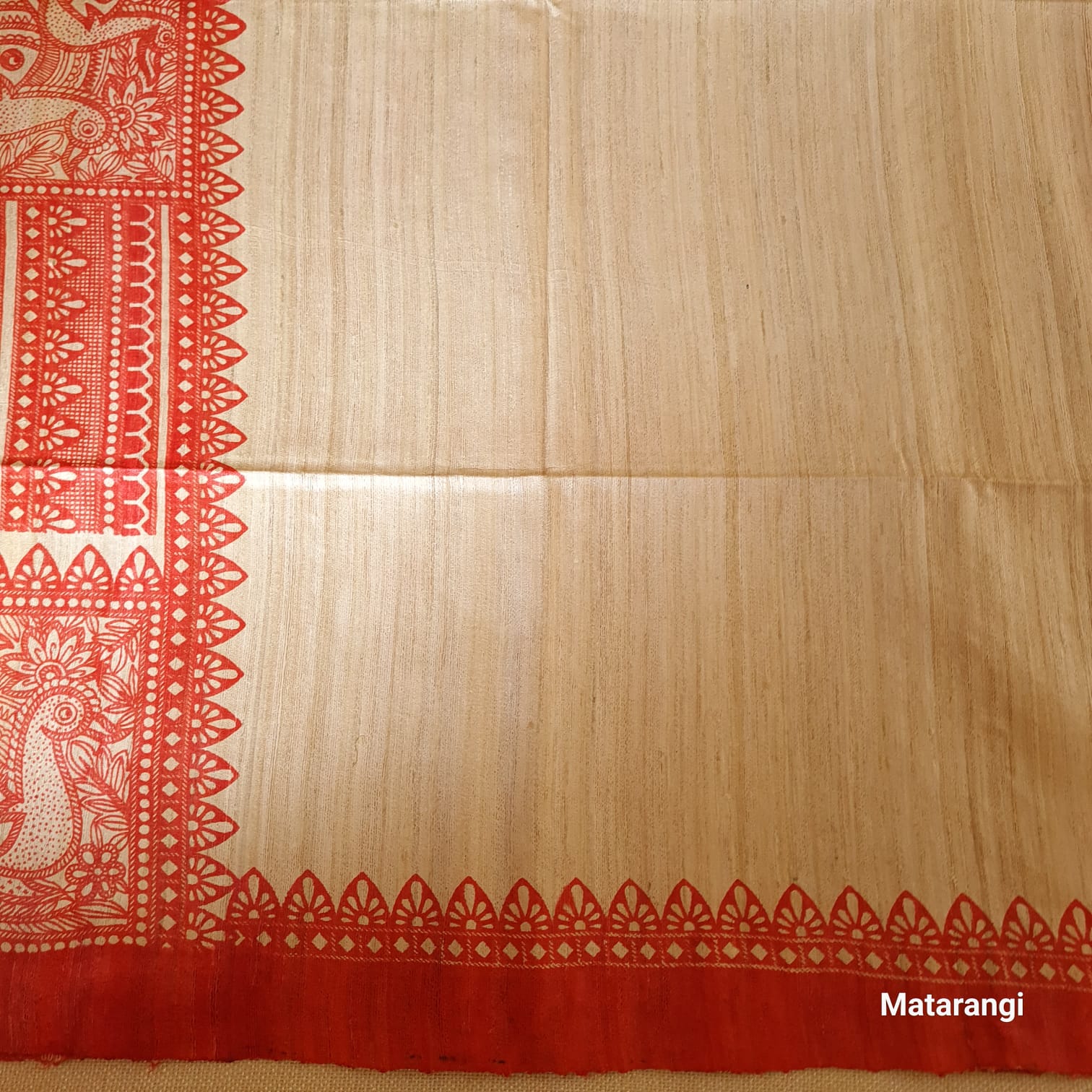 Cream and Red Madubhani Hand Block Printed Ghicha Tussar Silk Saree Cream and Red Madubhani Hand Block Printed Ghicha Tussar Silk Saree