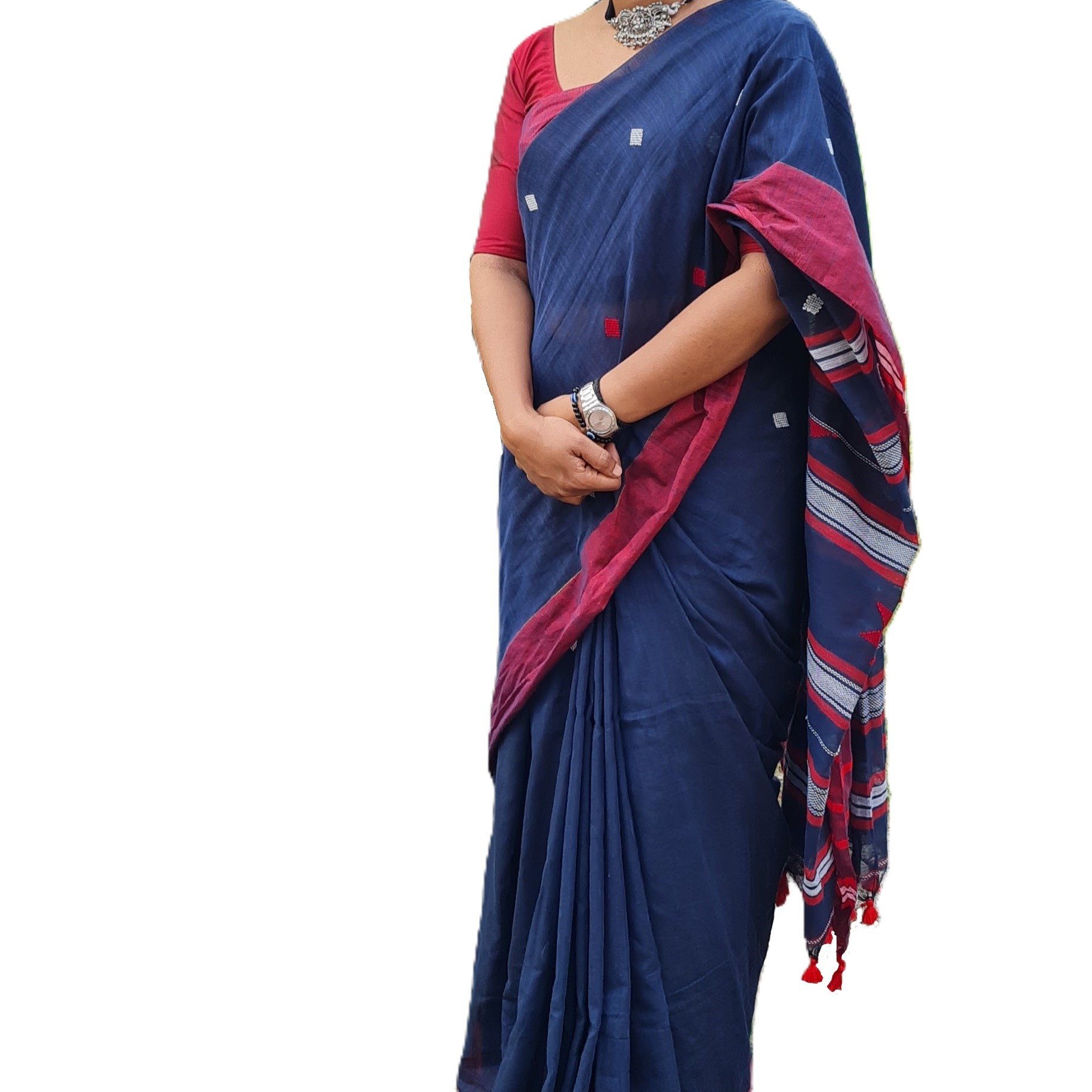 Navy Blue & Red Handloom Khadi Cotton Saree Navy Blue & Red Handloom Khadi Cotton Saree